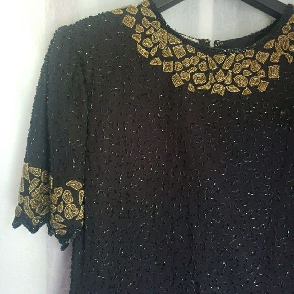 VTG Lourence Kazar Top Blouse Short Sleeves Black Gold Fully Sequins Lined Sz XL - Picture 2 of 15